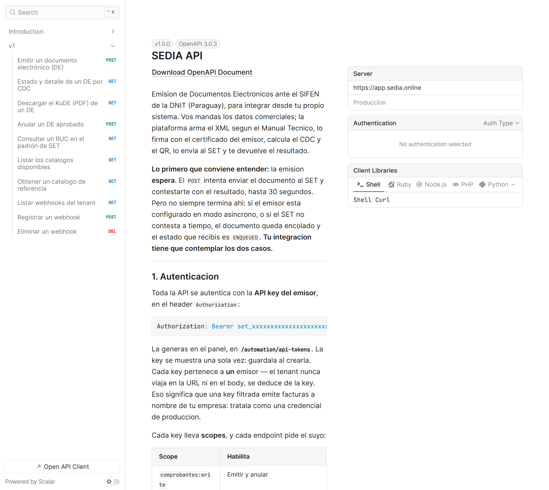 Referencia REST de la API de SEDIA: endpoints, autenticación y scopes